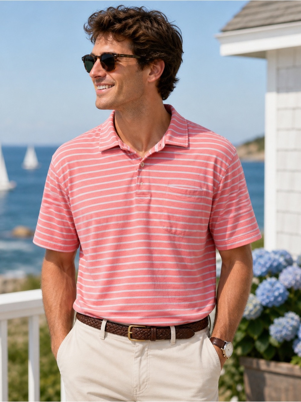 Peter Millar Pink Striped Polo Shirt Men’s Large Coastal Preppy Pocket Polo